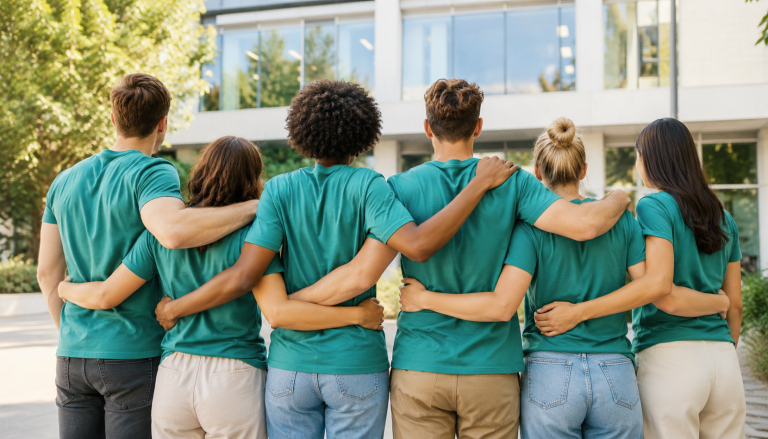 Sechs Teammitglieder von hinten Arm in Arm in tuerkisgruenen Team-T-Shirts vor einem modernen Buerogebaeude