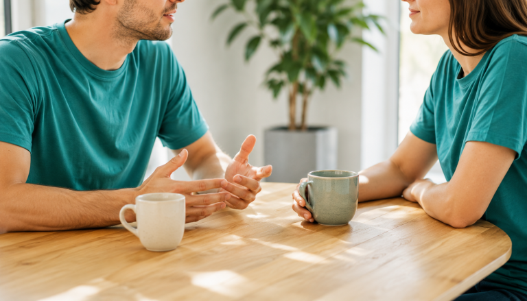 Zwei Kolleginnen und Kollegen in tuerkisgruenen Shirts im klaerenden Gespraech an einem hellen Holztisch mit Kaffeetassen